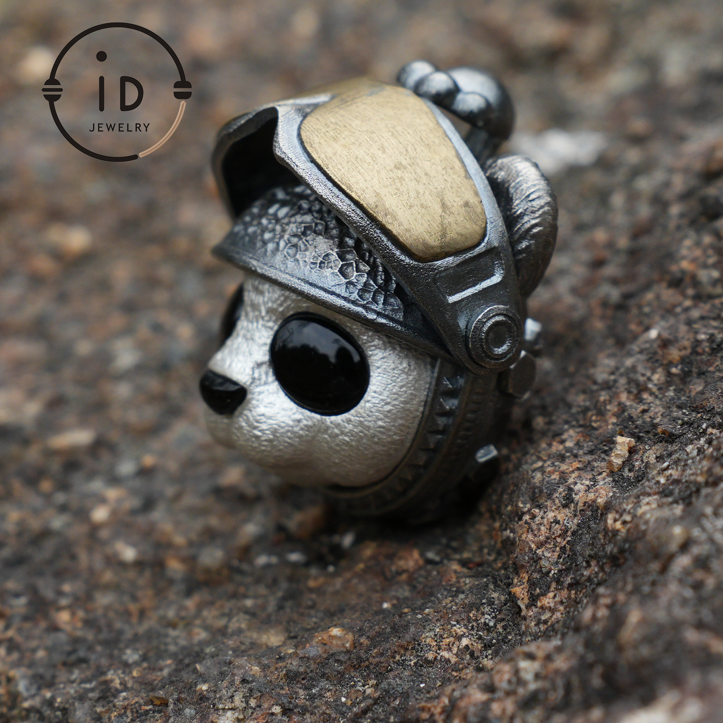 Armored Adventure Panda Pendant · 925 Silver + Brass + Onyx · Movable Sunglasses Design · Whimsical Guardian Totem