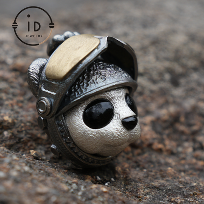 Armored Adventure Panda Pendant · 925 Silver + Brass + Onyx · Movable Sunglasses Design · Whimsical Guardian Totem