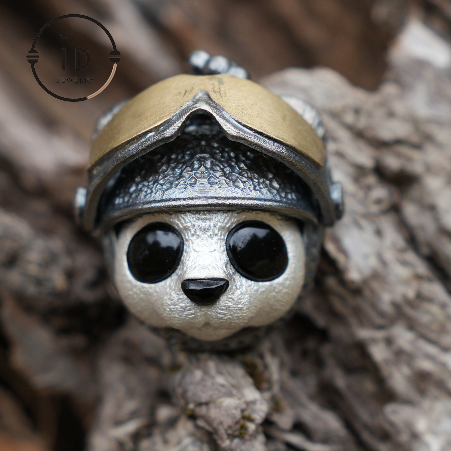 Armored Adventure Panda Pendant · 925 Silver + Brass + Onyx · Movable Sunglasses Design · Whimsical Guardian Totem