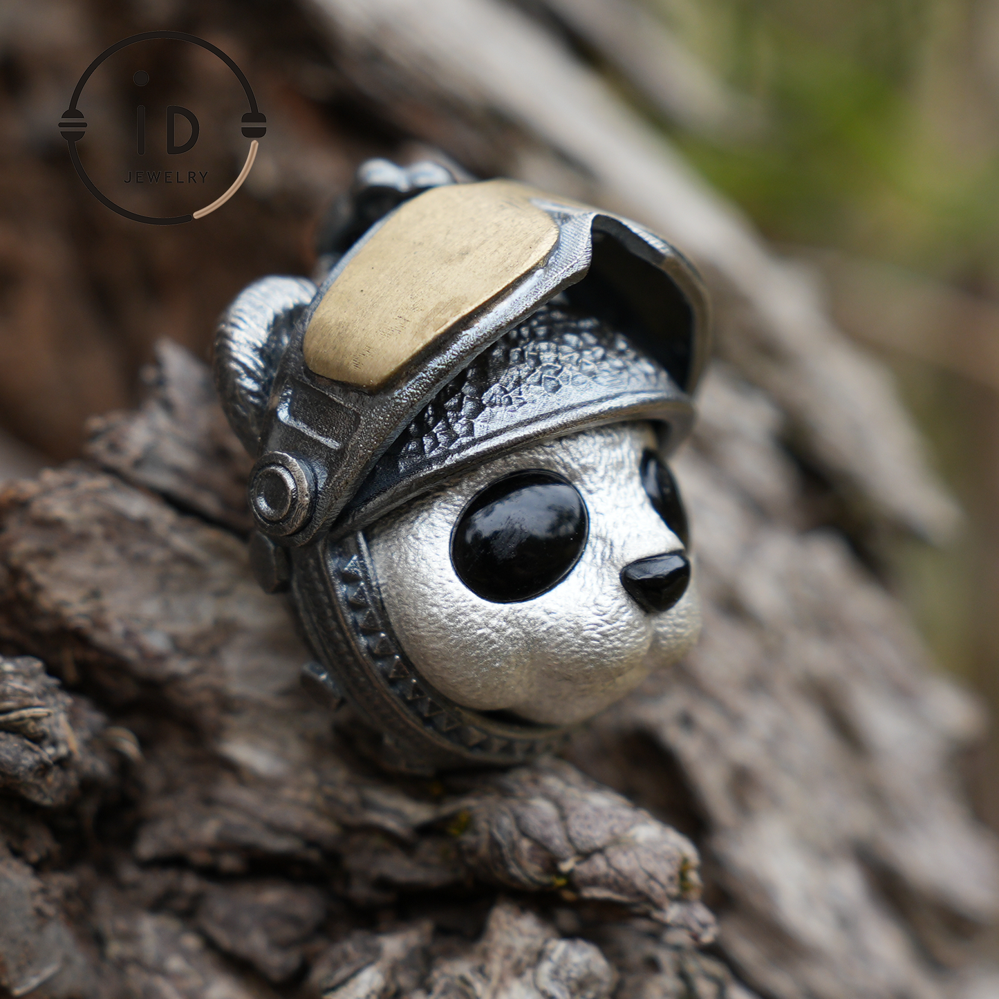 Armored Adventure Panda Pendant · 925 Silver + Brass + Onyx · Movable Sunglasses Design · Whimsical Guardian Totem