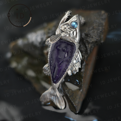 Mystical Fish Pendant with Amethyst & Labradorite – Artistic Talisman Jewelry, Handmade Fantasy Necklace Gift