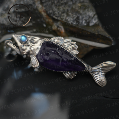 Mystical Fish Pendant with Amethyst & Labradorite – Artistic Talisman Jewelry, Handmade Fantasy Necklace Gift