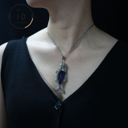 Mystical Fish Pendant with Amethyst & Labradorite – Artistic Talisman Jewelry, Handmade Fantasy Necklace Gift