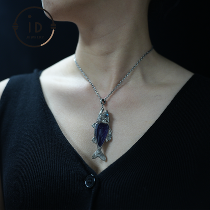 Mystical Fish Pendant with Amethyst & Labradorite – Artistic Talisman Jewelry, Handmade Fantasy Necklace Gift