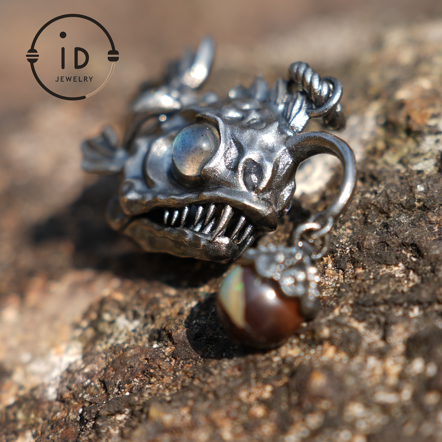 925 Sterling Silver Anglerfish Pendant with Labradorite – Handmade Artistic Jewelry for Ocean Lovers