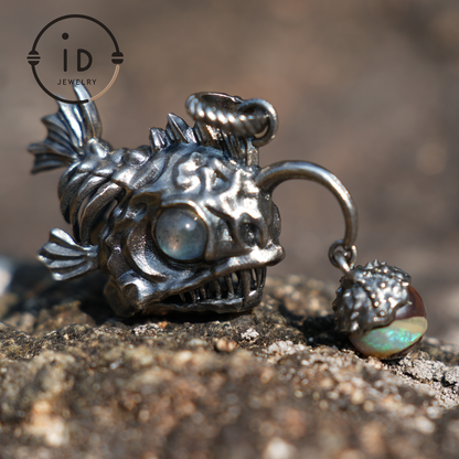 925 Sterling Silver Anglerfish Pendant with Labradorite – Handmade Artistic Jewelry for Ocean Lovers