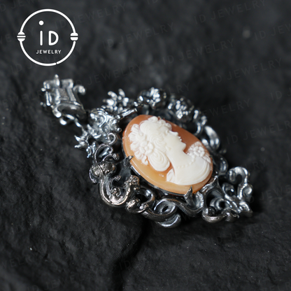 925 Sterling Silver Shell Cameo Pendant | Hand-Carved Victorian Memorial Jewelry | Customizable Remembrance Gift