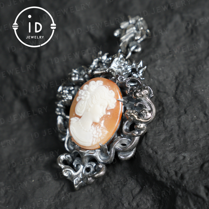 925 Sterling Silver Shell Cameo Pendant | Hand-Carved Victorian Memorial Jewelry | Customizable Remembrance Gift