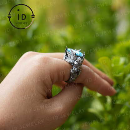 Valkyrie Ring | Blue Topa Stone winged Helmet Design | Nordic Mythical Warrior Goddess Style Handmade Ring