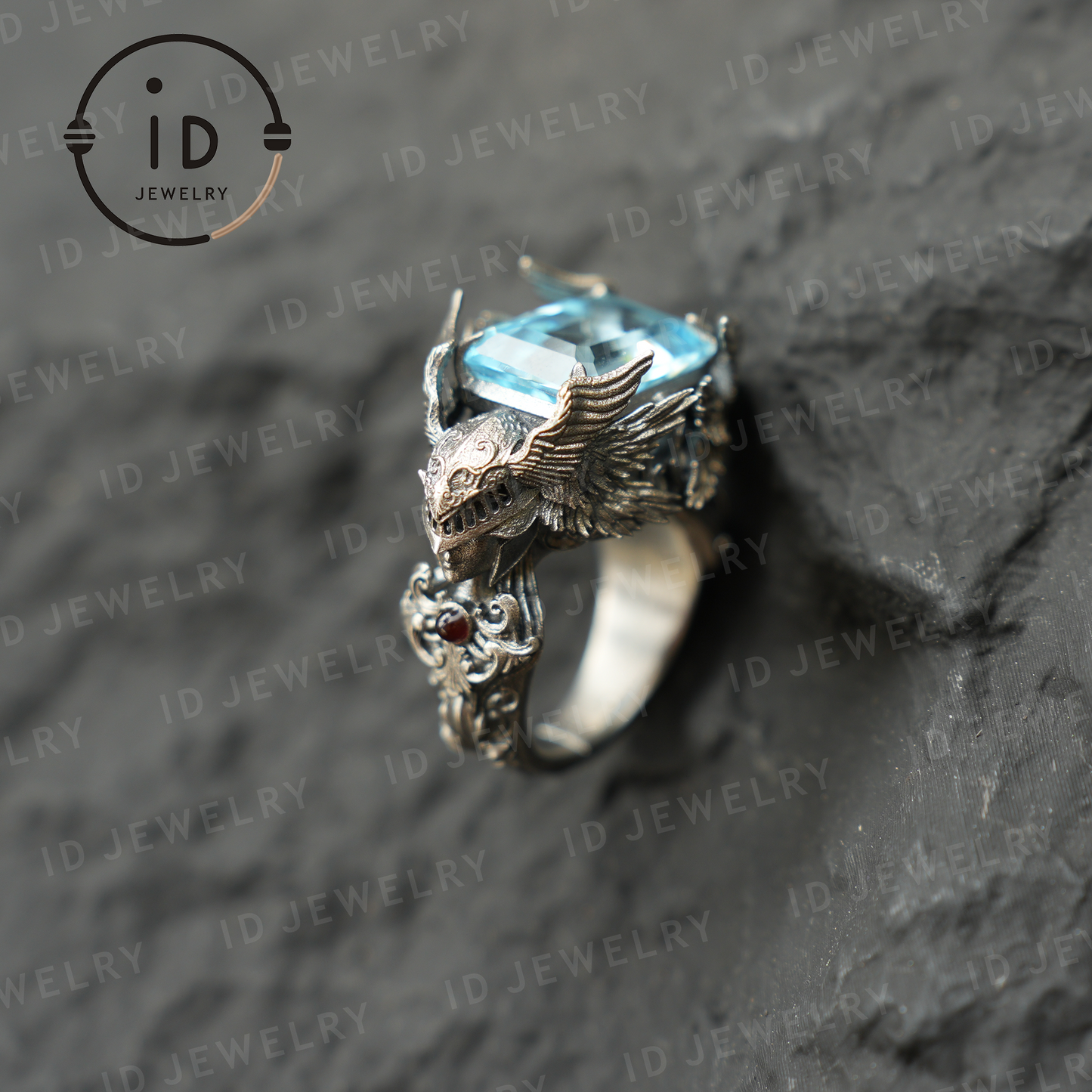 Valkyrie Ring | Blue Topa Stone winged Helmet Design | Nordic Mythical Warrior Goddess Style Handmade Ring