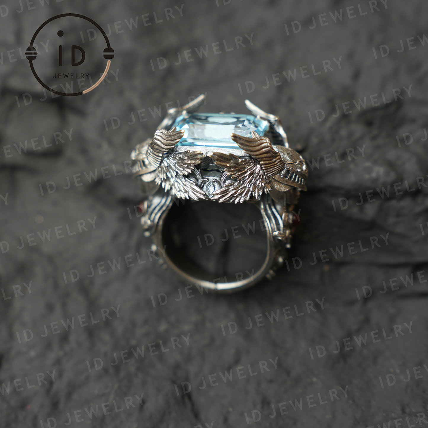 Valkyrie Ring | Blue Topa Stone winged Helmet Design | Nordic Mythical Warrior Goddess Style Handmade Ring