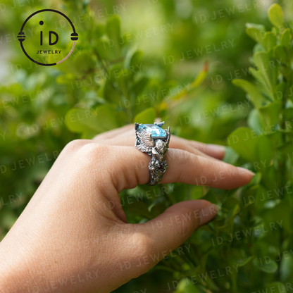 Valkyrie Ring | Blue Topa Stone winged Helmet Design | Nordic Mythical Warrior Goddess Style Handmade Ring