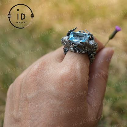 Valkyrie Ring | Blue Topa Stone winged Helmet Design | Nordic Mythical Warrior Goddess Style Handmade Ring