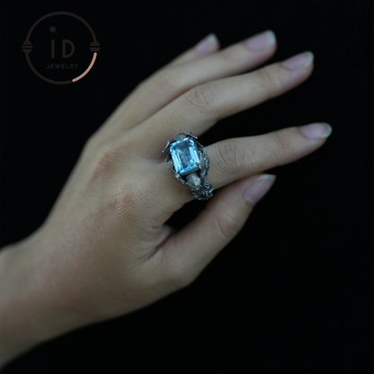 Valkyrie Ring | Blue Topa Stone winged Helmet Design | Nordic Mythical Warrior Goddess Style Handmade Ring