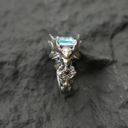 Valkyrie Ring | Blue Topa Stone winged Helmet Design | Nordic Mythical Warrior Goddess Style Handmade Ring