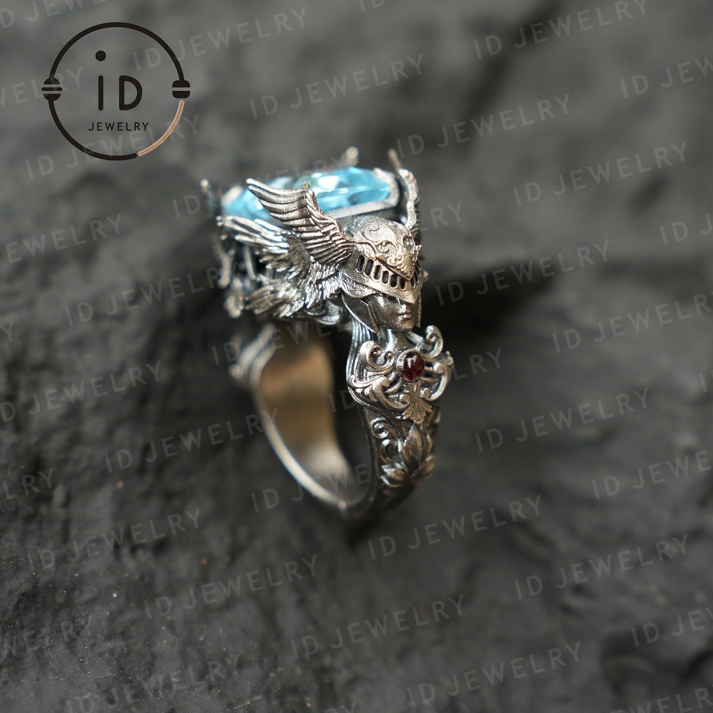 Valkyrie Ring | Blue Topa Stone winged Helmet Design | Nordic Mythical Warrior Goddess Style Handmade Ring