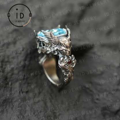 Valkyrie Ring | Blue Topa Stone winged Helmet Design | Nordic Mythical Warrior Goddess Style Handmade Ring
