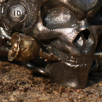 Underworld Guardian Ring, Skull Totem with Labradorite Eye, Horns of Judgment, Nordic Dark Mythology-Inspired Statement Jewelry