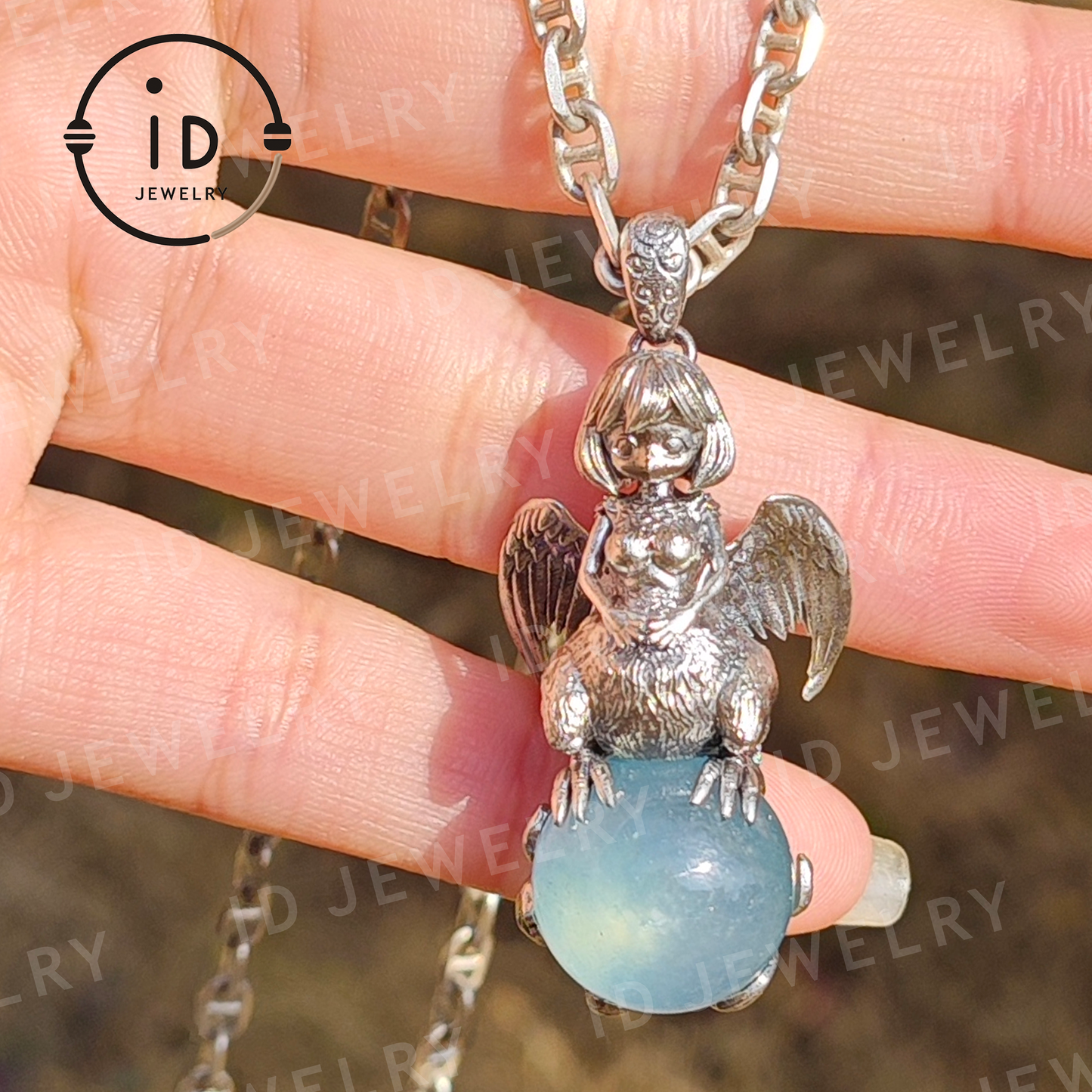 Mystical Harpy Pendant - Handcrafted 925 Silver with Cat's Eye Aquamarine - Unique Fantasy Jewelry
