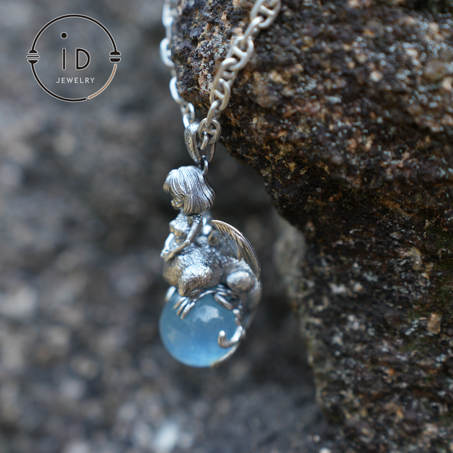 Mystical Harpy Pendant - Handcrafted 925 Silver with Cat's Eye Aquamarine - Unique Fantasy Jewelry