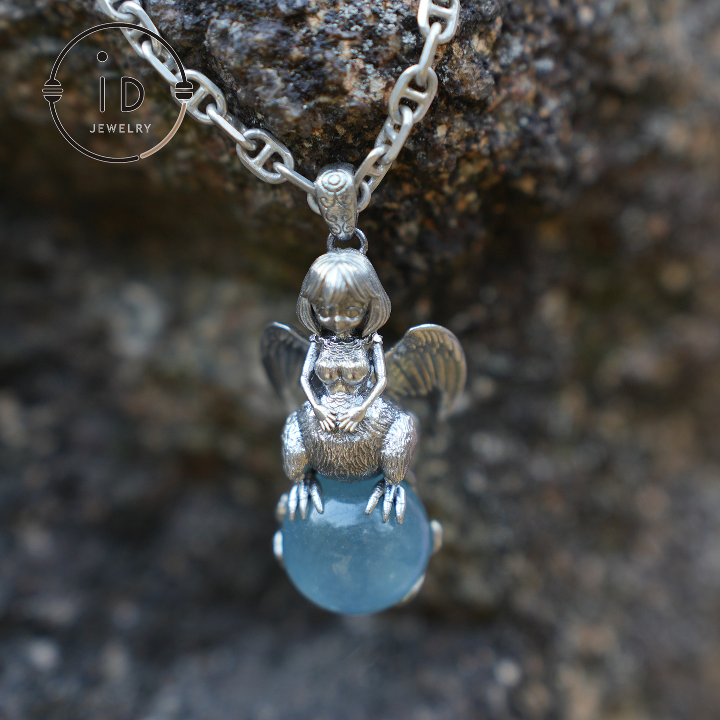 Mystical Harpy Pendant - Handcrafted 925 Silver with Cat's Eye Aquamarine - Unique Fantasy Jewelry