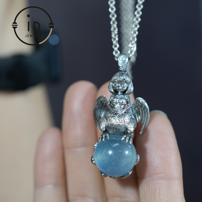 Mystical Harpy Pendant - Handcrafted 925 Silver with Cat's Eye Aquamarine - Unique Fantasy Jewelry