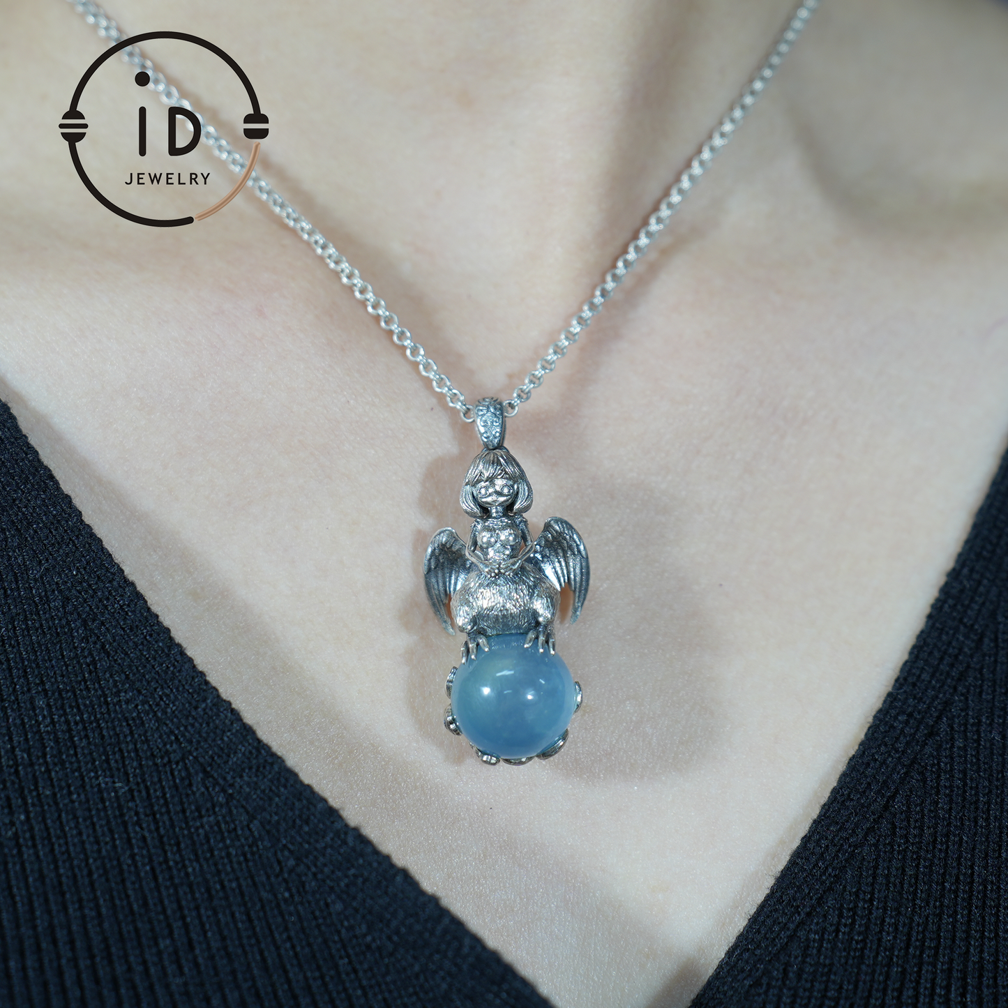 Mystical Harpy Pendant - Handcrafted 925 Silver with Cat's Eye Aquamarine - Unique Fantasy Jewelry