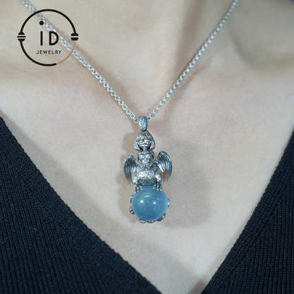 Mystical Harpy Pendant - Handcrafted 925 Silver with Cat's Eye Aquamarine - Unique Fantasy Jewelry