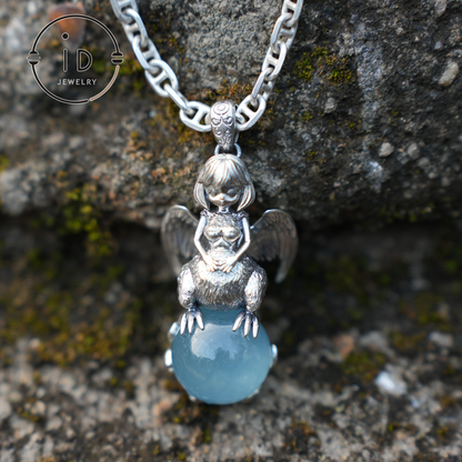 Mystical Harpy Pendant - Handcrafted 925 Silver with Cat's Eye Aquamarine - Unique Fantasy Jewelry