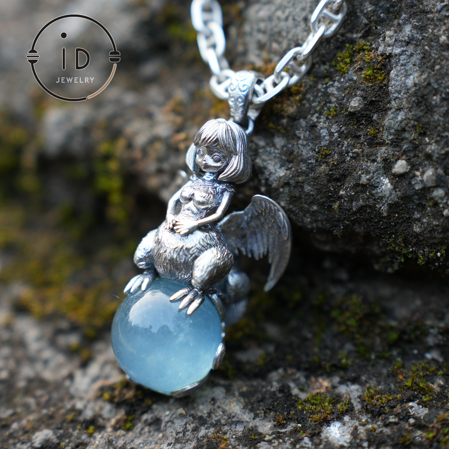 Mystical Harpy Pendant - Handcrafted 925 Silver with Cat's Eye Aquamarine - Unique Fantasy Jewelry