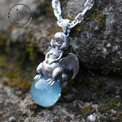 Mystical Harpy Pendant - Handcrafted 925 Silver with Cat's Eye Aquamarine - Unique Fantasy Jewelry