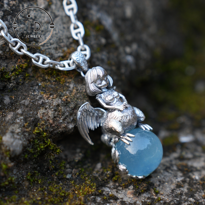 Mystical Harpy Pendant - Handcrafted 925 Silver with Cat's Eye Aquamarine - Unique Fantasy Jewelry