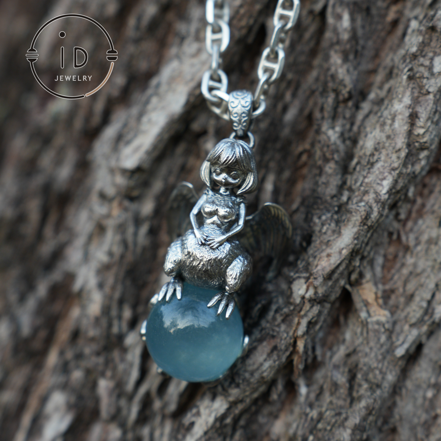 Mystical Harpy Pendant - Handcrafted 925 Silver with Cat's Eye Aquamarine - Unique Fantasy Jewelry