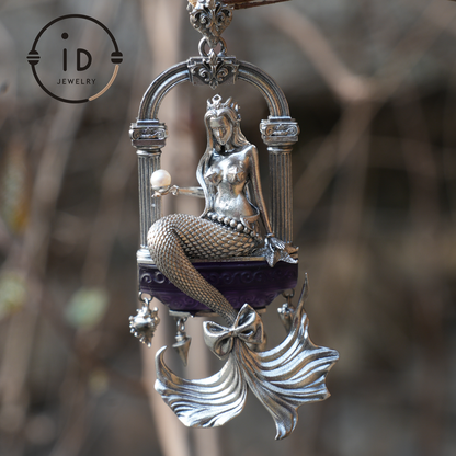 Amethyst Mermaid Pendant, Hand Carved Ocean Goddess Necklace, Mythical Sea Jewelry Gift, Fantasy Underwater Charm for Her, Unique Art