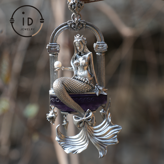 Amethyst Mermaid Pendant, Hand Carved Ocean Goddess Necklace, Mythical Sea Jewelry Gift, Fantasy Underwater Charm for Her, Unique Art