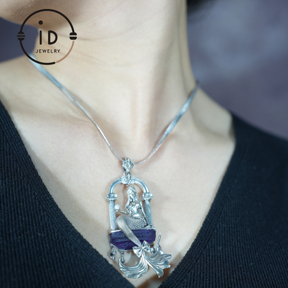 Amethyst Mermaid Pendant, Hand Carved Ocean Goddess Necklace, Mythical Sea Jewelry Gift, Fantasy Underwater Charm for Her, Unique Art