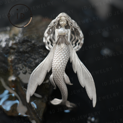 925 Sterling Silver Mermaid Pearl Pendant Necklace Hand-Carved Ocean Fantasy Jewelry |Protection Talisman & Symbol of Love Unique Gift Idea