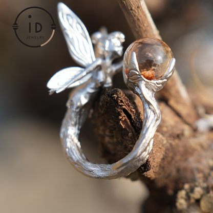 925 Silver Forest Elf Ring with Natural Phantom Quartz – Handcrafted Fantasy Ring for Nature Lovers