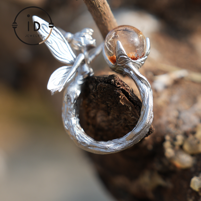 925 Silver Forest Elf Ring with Natural Phantom Quartz – Handcrafted Fantasy Ring for Nature Lovers