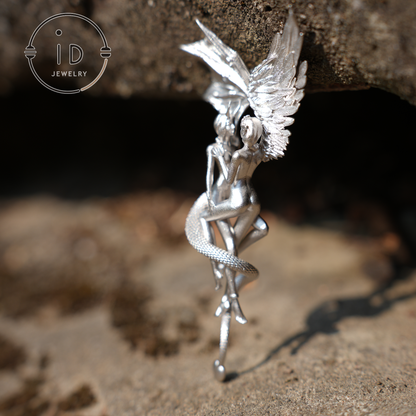 925 Sterling Silver Gemini Pendant – Zodiac Jewelry with Angel Wings and Snake Design