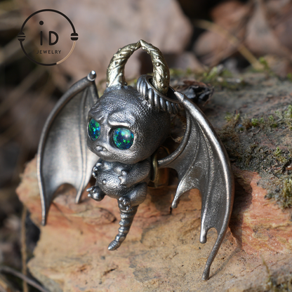 925 Silver Bat Pendant with Opal, Handcrafted Gothic Jewelry, Fantasy Pendant, Unique Gothic Necklace for Halloween & Gothic Lovers