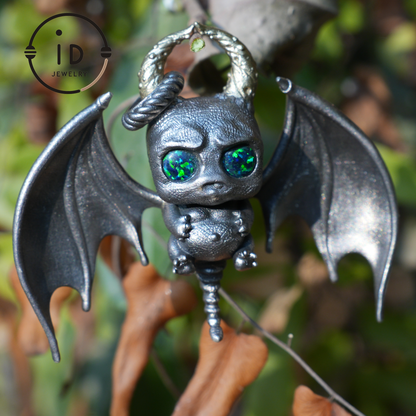 925 Silver Bat Pendant with Opal, Handcrafted Gothic Jewelry, Fantasy Pendant, Unique Gothic Necklace for Halloween & Gothic Lovers