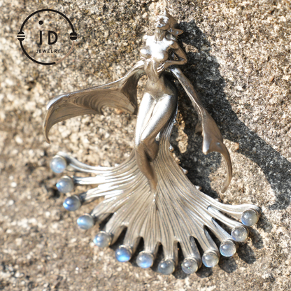 Mystical Winged Enchantress Pendant, 925 Sterling Silver with Ghost Stone, Handcrafted Fantasy Jewelry, Unique Mythical Wing Design
