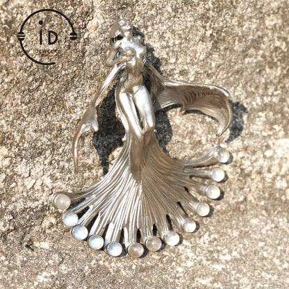 Mystical Winged Enchantress Pendant, 925 Sterling Silver with Ghost Stone, Handcrafted Fantasy Jewelry, Unique Mythical Wing Design