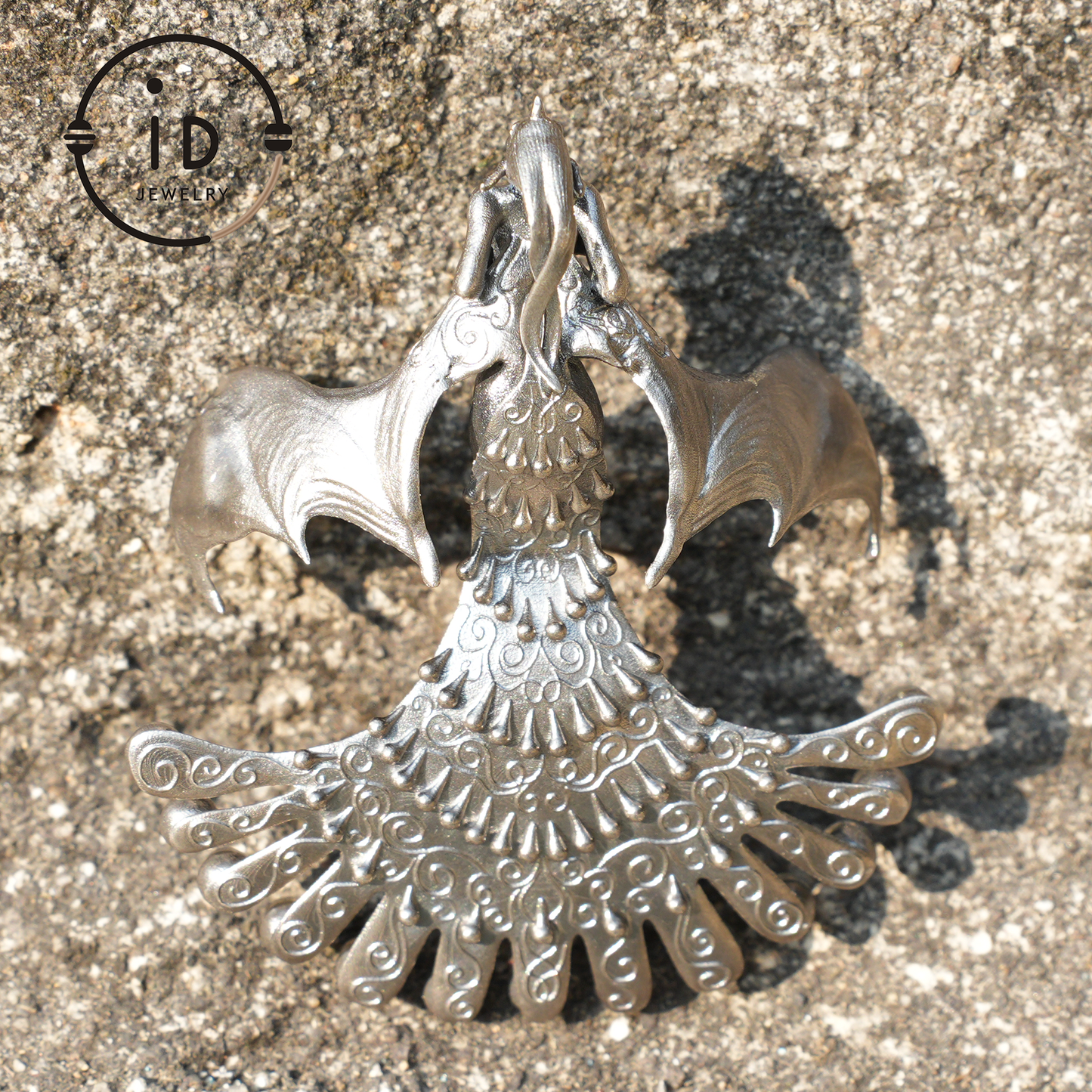 Mystical Winged Enchantress Pendant, 925 Sterling Silver with Ghost Stone, Handcrafted Fantasy Jewelry, Unique Mythical Wing Design