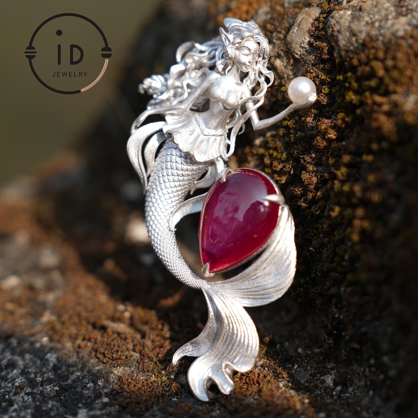 925 Sterling Silver Mermaid Star-Ruby Pendant Necklace | Hand-Carved Wave-Tail | Fantasy Ocean Talisman of Love & Protection