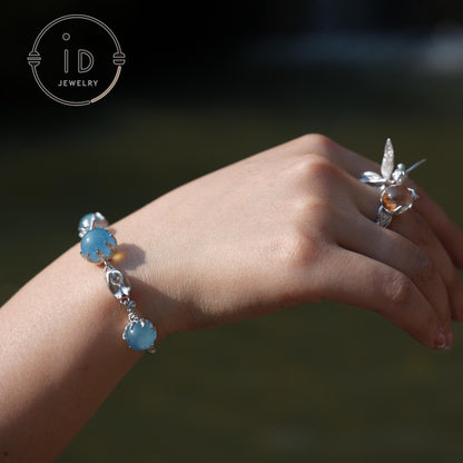 925 Sterling Silver Rabbit Bracelet with Aquamarine – Handcrafted Elegant Jewelry, Perfect Gift for Special Occasions