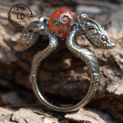Dragon Ring with Sunstone & Emerald | Handmade 925 Silver Jewelry | Unique Fantasy Ring for Protection & Strength