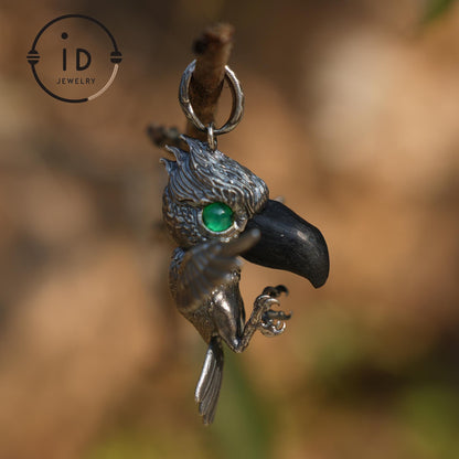 Shoebill Bird Pendant | 925 Silver, Black Agate & Tourmaline | Handmade Nature Jewelry