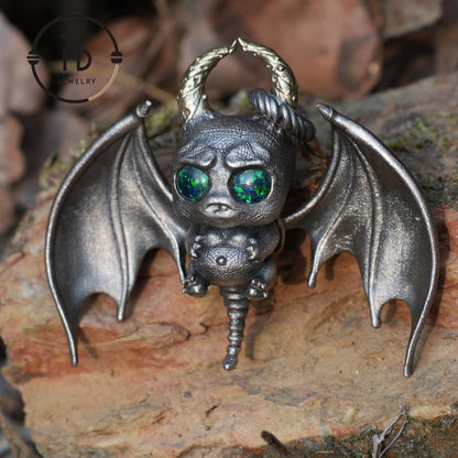 925 Silver Bat Pendant with Opal, Handcrafted Gothic Jewelry, Fantasy Pendant, Unique Gothic Necklace for Halloween & Gothic Lovers